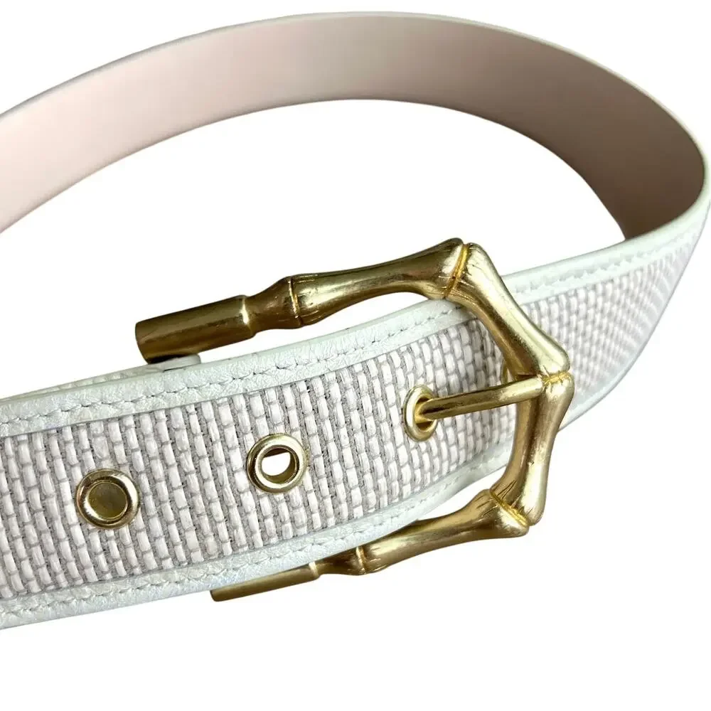 J.McLaughlin Jayla Grasscloth White Leather Raffia Belt Gold Bamboo Buckle M - Picture 2 of 15